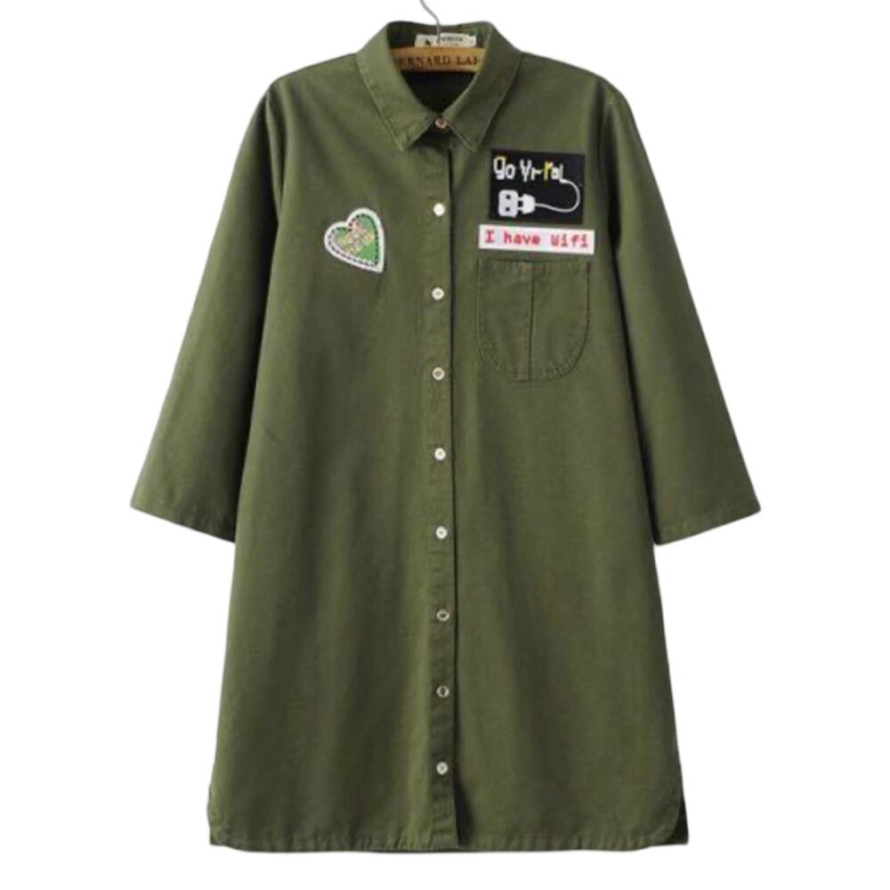 Zara Olive Green Patches Denim Button Down 3/4 Sleeve Shirt Dress sz S Trafaluc